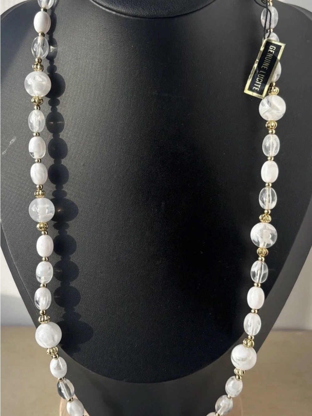 Vintage‎ Genuine Lucite Necklace 24" White Clear Moonglow Gold Tone MCM Tagged